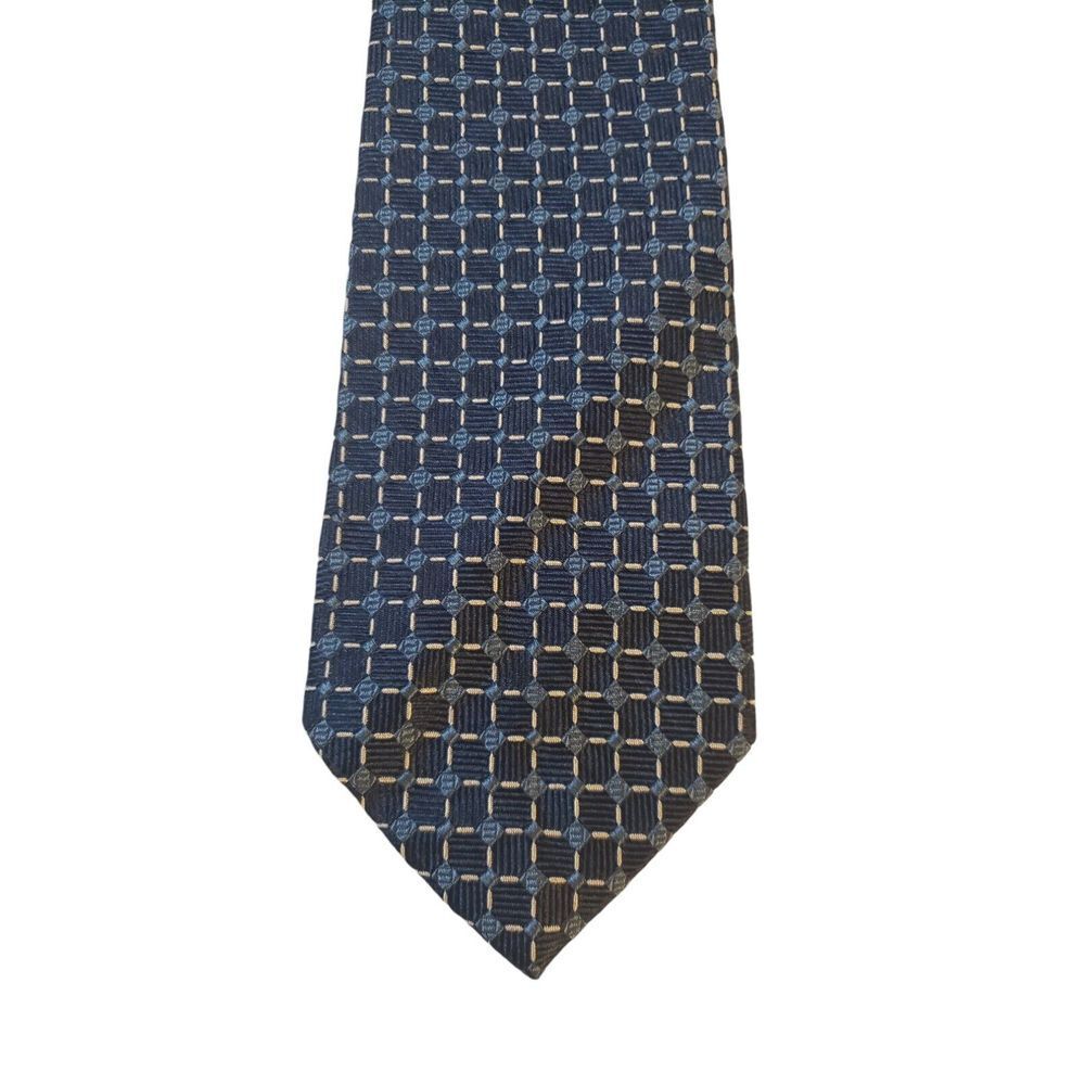 Huntington Men's Tie Blue White Textured Geometric Squares Pure Silk Made U.S.A.